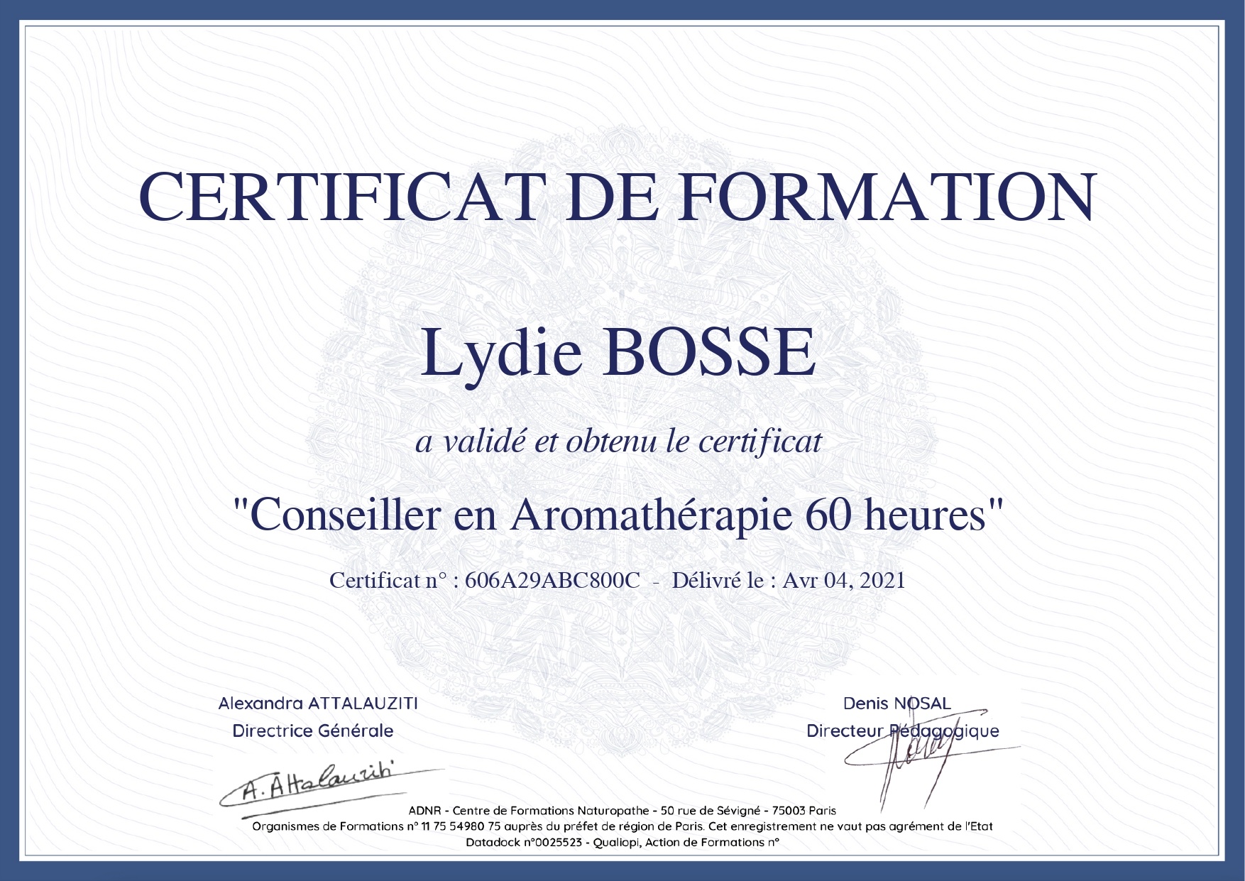 Lydie Bosse Naturopathe Laval - diplôme aromathérapie