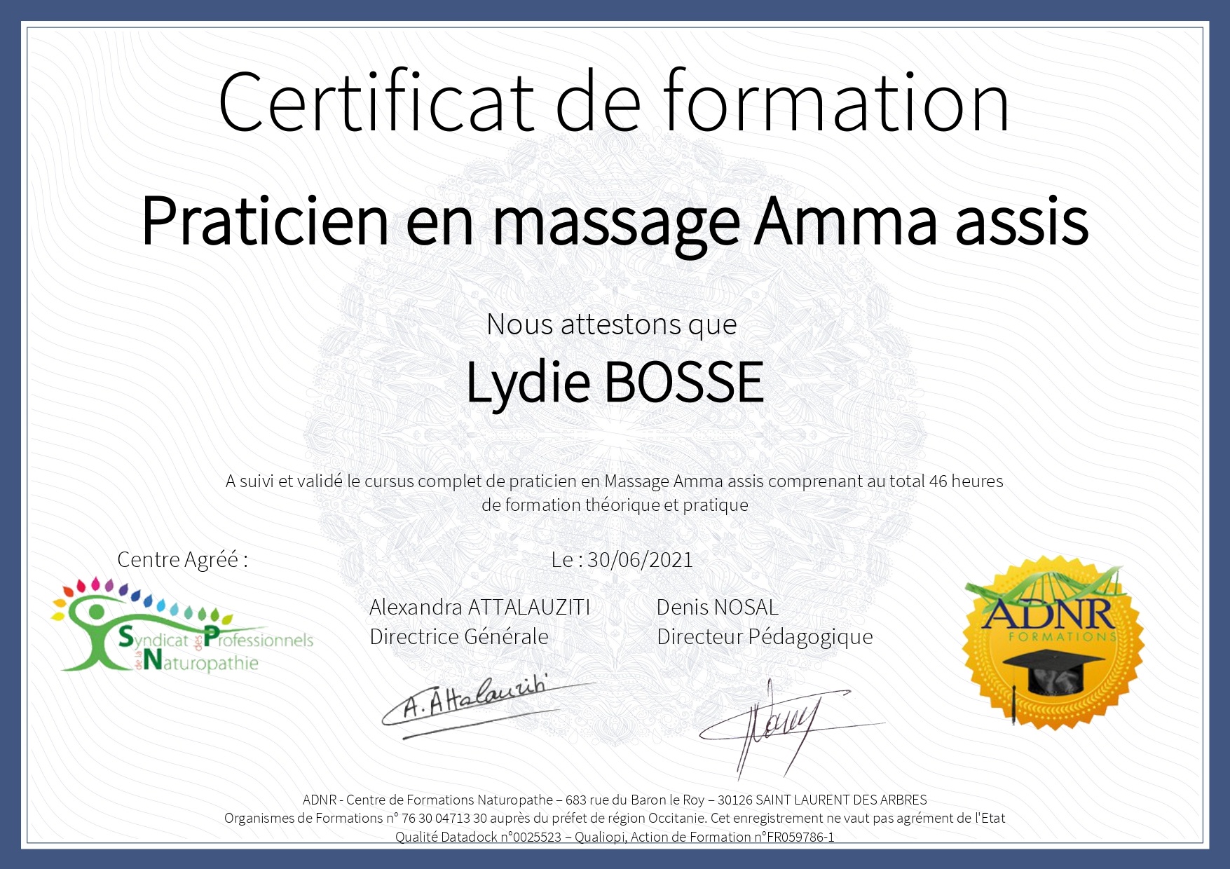 Lydie Bosse Naturopathe Laval - diplôme amma assis