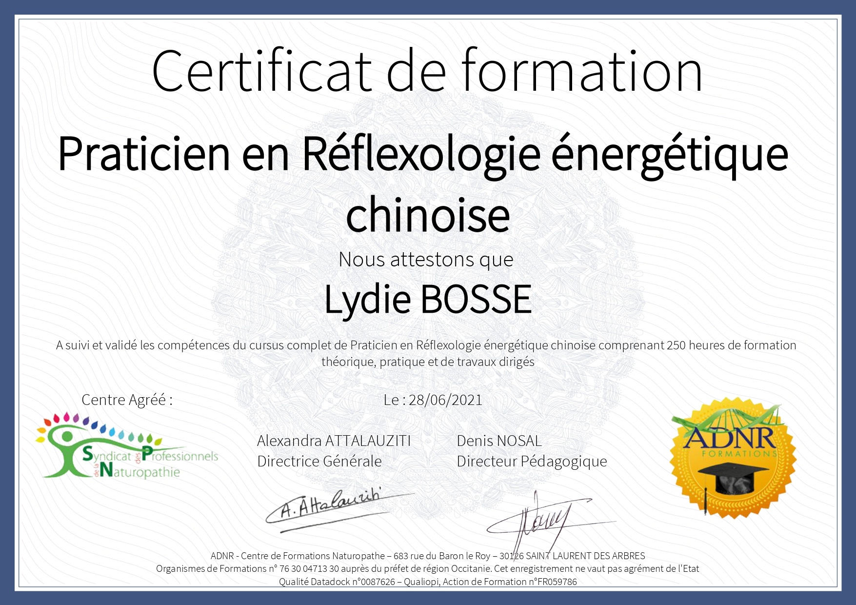 Lydie Bosse Naturopathe Laval - diplôme Réflexologie