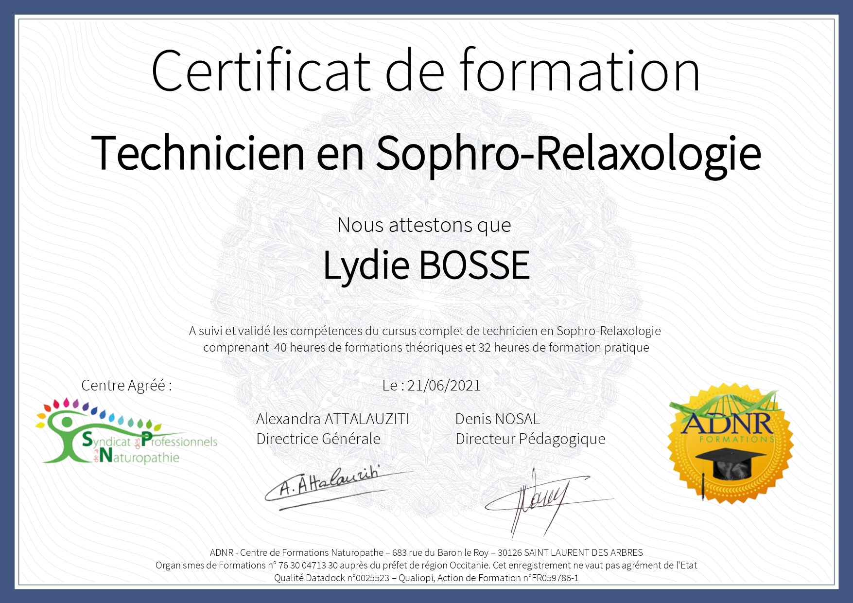 Lydie Bosse Naturopathe Laval - diplôme sophrologie