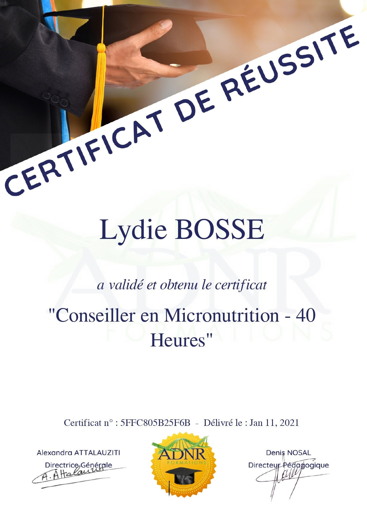 Lydie Bosse Naturopathe Laval - diplôme micronutrition
